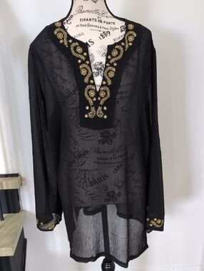 JESSICA | Women's Black w/ Gold Embroidery Sheer Swim V-Neck Coverup